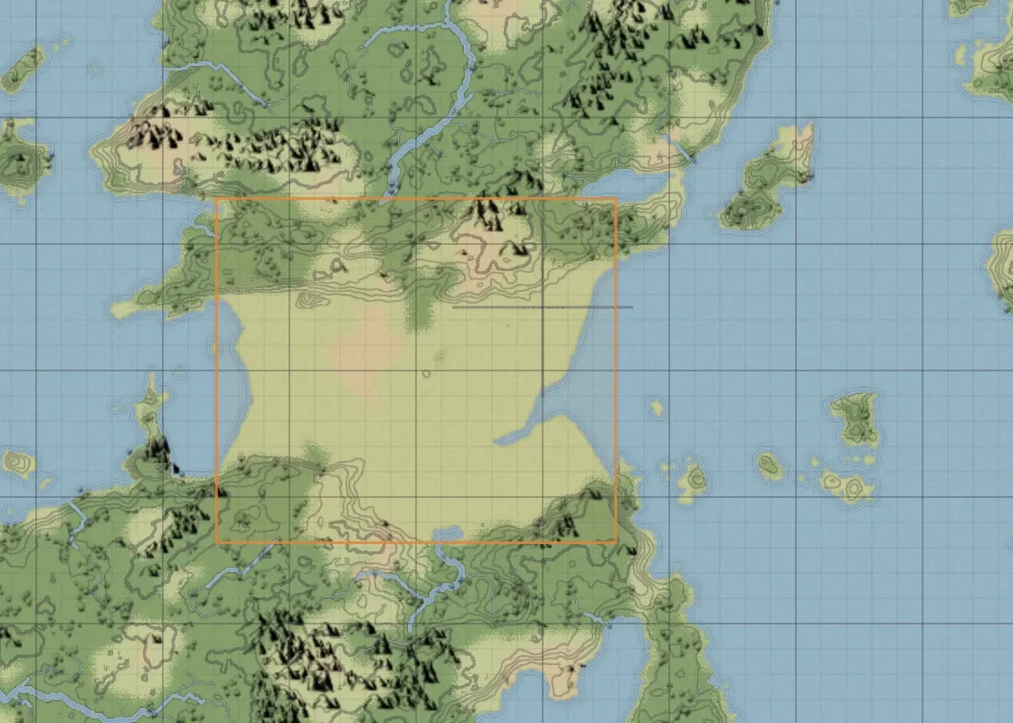 An area along the coast selected with the Coastline Deform tool's rectangle mode.