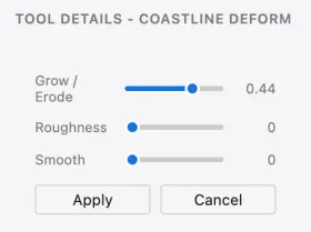 The Coastline Deform sliders in the right panel: Grow / Erode, Roughness, Smooth, with Apply and Cancel buttons.