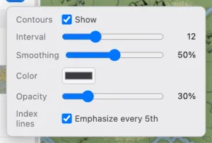 The contour settings popup with Show, Interval, Smoothing, Color, Opacity, and Index lines controls.
