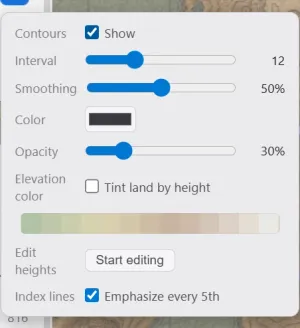 The contour settings popup with Show, Interval, Smoothing, Color, Opacity, and Index lines controls.
