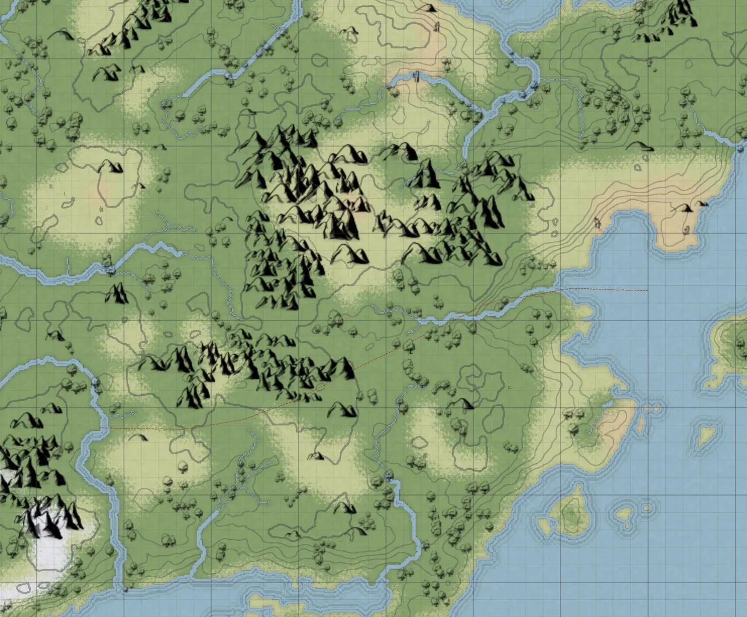 Generated terrain with contour lines: dense lines in the mountains, sparse lines on the plains.