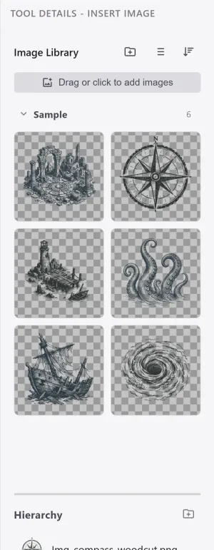 背景編集モードの右パネルにある画像ライブラリ。「Sample」フォルダの下に画像がグリッド状に並んでいます。