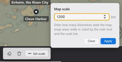 地図の縮尺のポップアップ。地図の幅を km で入力するフィールドと適用ボタンがあります。