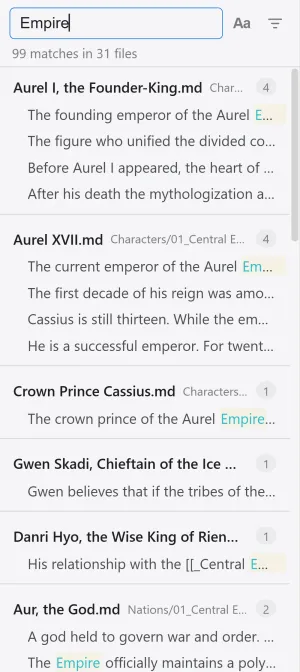 左パネルの検索。一致したファイルが、本文プレビューをハイライトした状態で一覧表示されています。