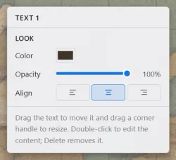 The floating text style panel with color, opacity, and alignment controls.
